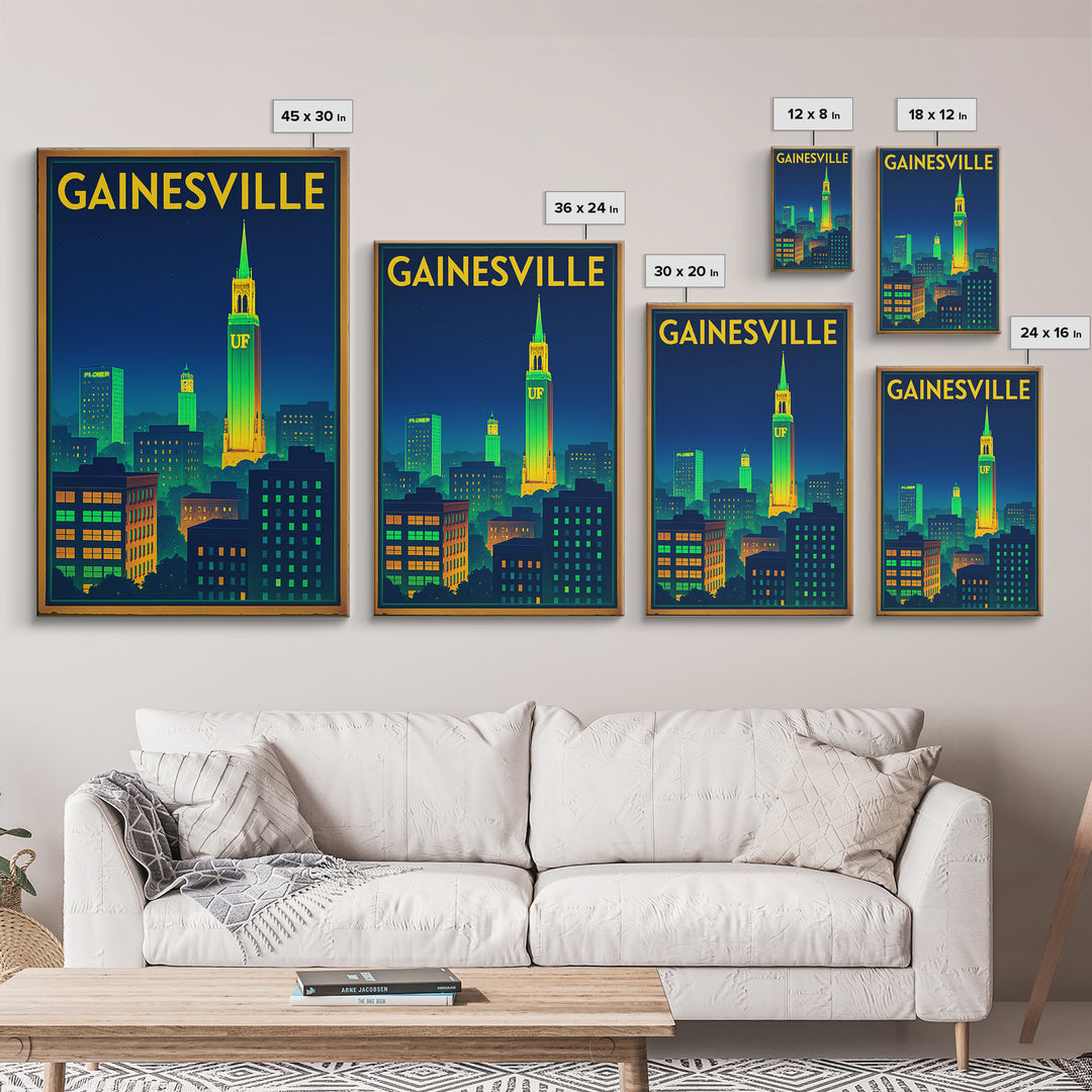 Gainesville Travel Poster, Canvas Print, Electric Night Poster Art, Gainesville Travel Art, Travel Wall Art, Watercolor Urban Skyline