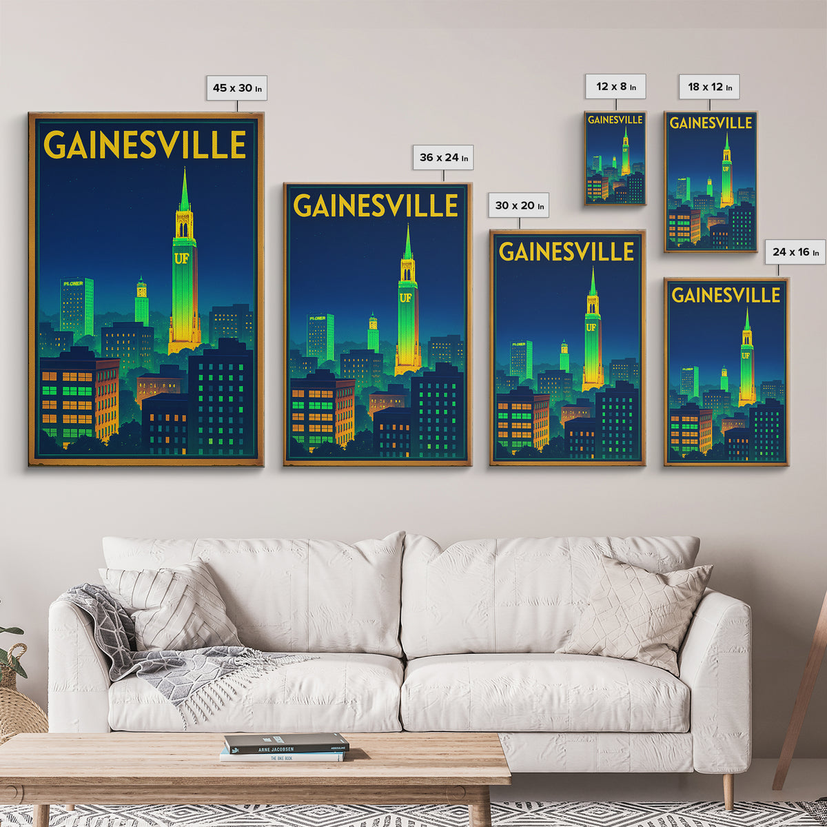 Gainesville Travel Poster, Canvas Print, Electric Night Poster Art, Gainesville Travel Art, Travel Wall Art, Watercolor Urban Skyline
