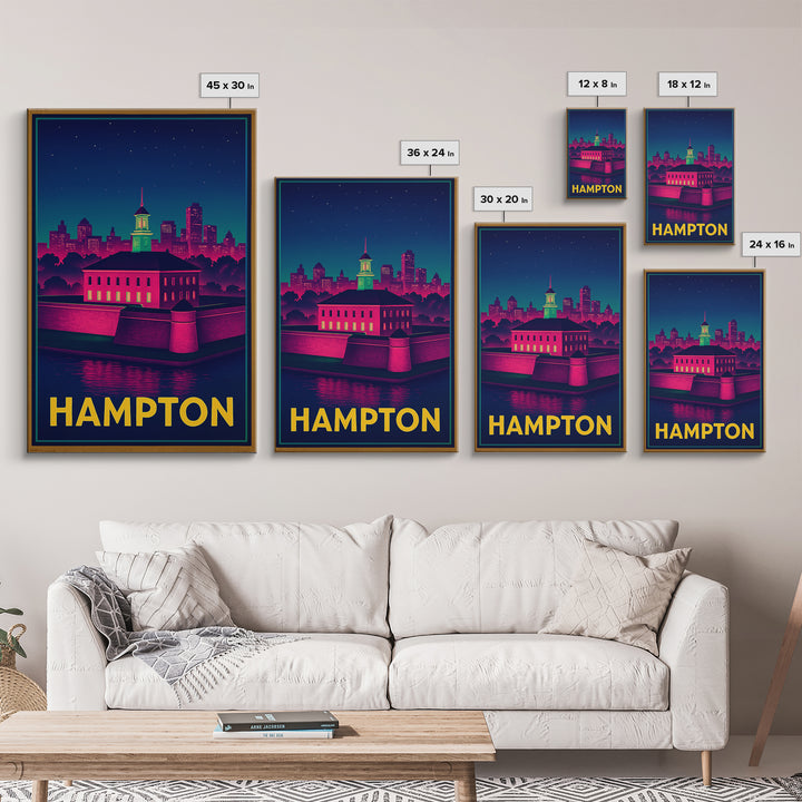 Hampton Virginia Travel Poster, Canvas Print, Retro Neon Travel Art, Hampton City Art, Travel Wall Art, Modern Wall Decor, Wall Art