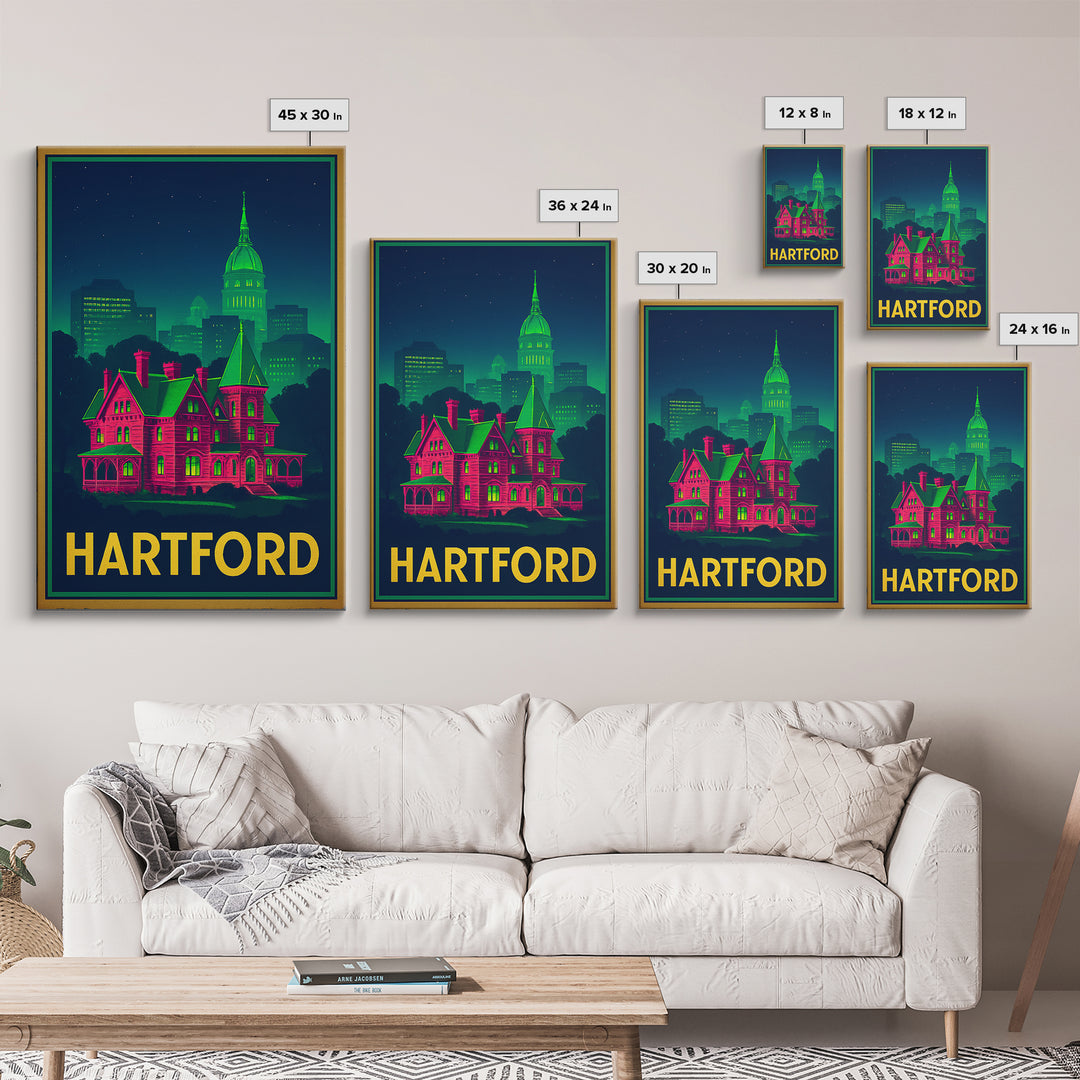 Hartford Connecticut Travel Poster, Canvas Print, Neon City Skyline Wall Art, Hartford Art Print, Wall Decor, Travel Art, Travel Print