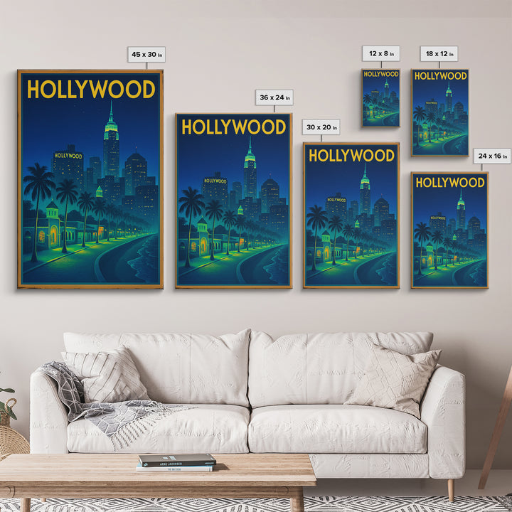Hollywood Travel Poster, Canvas Print, Retro Neon Travel Art, Hollywood City Art, Travel Wall Art, Travel Wall Decor, City Art Print