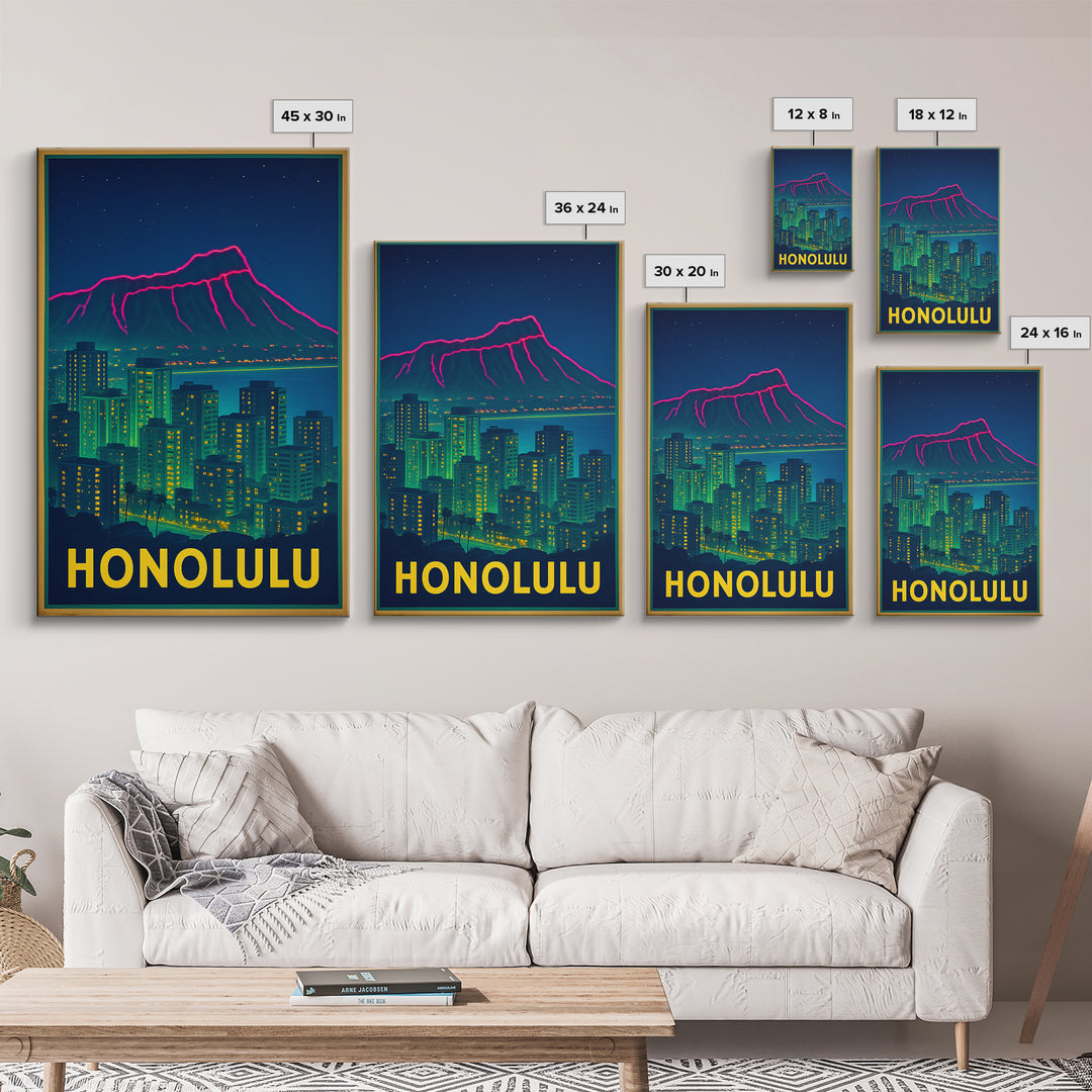 Honolulu Hawaii Travel Poster, Framed Canvas Print, Retro Neon Travel Art, Honolulu City Art, Living Room Wall Art, City Illustration