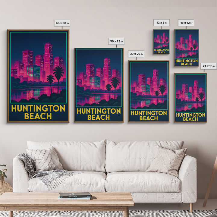 Huntington Beach California Travel Poster, Canvas Print, Electric Night Poster Art, Huntington Beach Travel Art, Office Decor