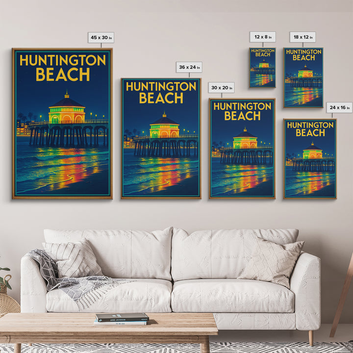 Huntington Beach Travel Poster, Framed Canvas Print, Neon City Skyline Wall Art, Huntington Beach Art Print, Vintage City Poster, Design 2