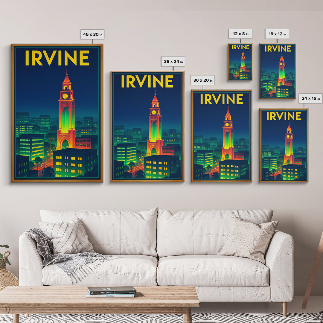 Irvine Travel Poster, Canvas Print, Retro Neon Travel Art, Irvine Art Print, Mid Century Wall Art, Vintage City Poster, Living Room Wall Art