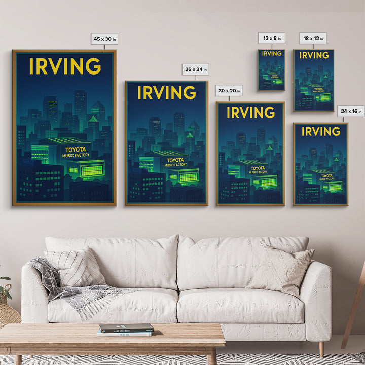 Irving Travel Poster, Framed Canvas Print, Cyberpunk Style City Art, Irving Poster Print, Living Room Wall Art, Vintage City Art