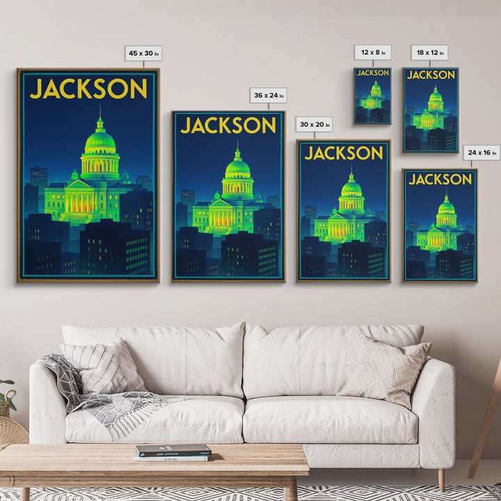 Jackson Travel Poster, Canvas Print, Retro Neon Travel Art, Jackson Wall Art, City Travel Prints, Vintage Travel Print, City Illustration