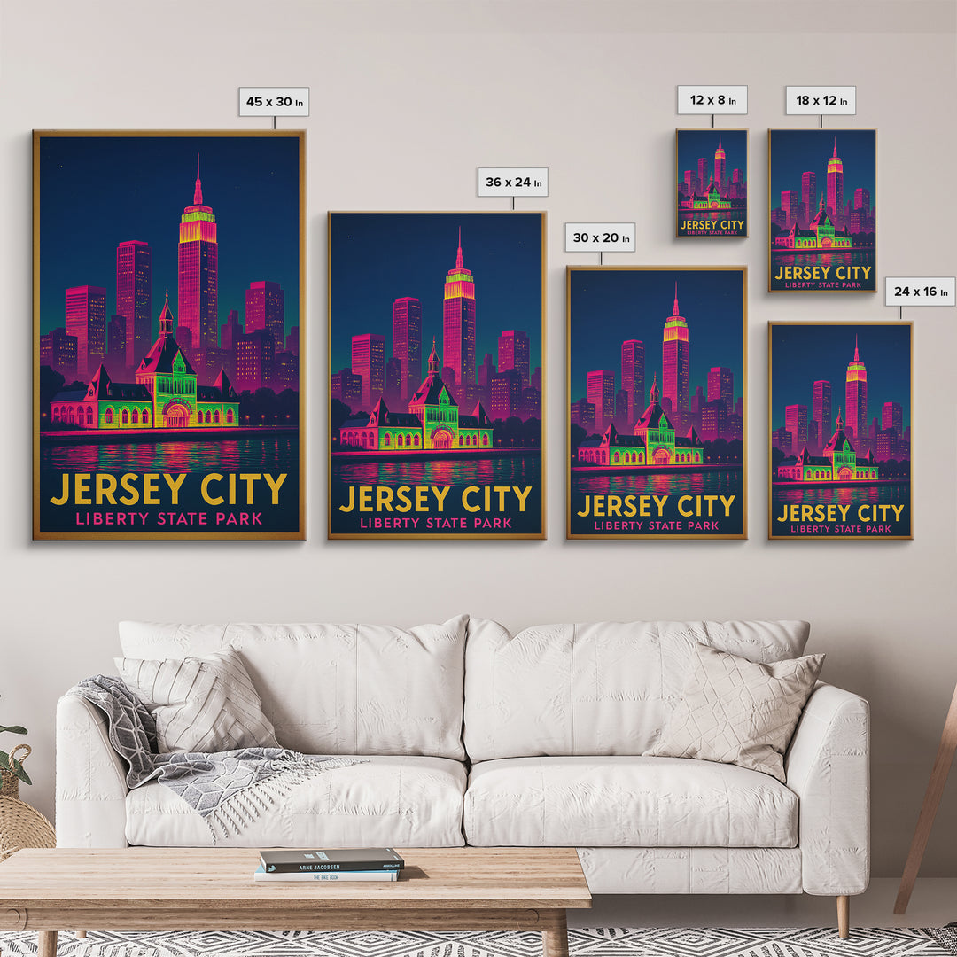 Jersey City New Jersey Travel Poster, Framed Canvas Print, Retro Neon Travel Art, Jersey City City Art, Vintage Travel Art, City Art Print