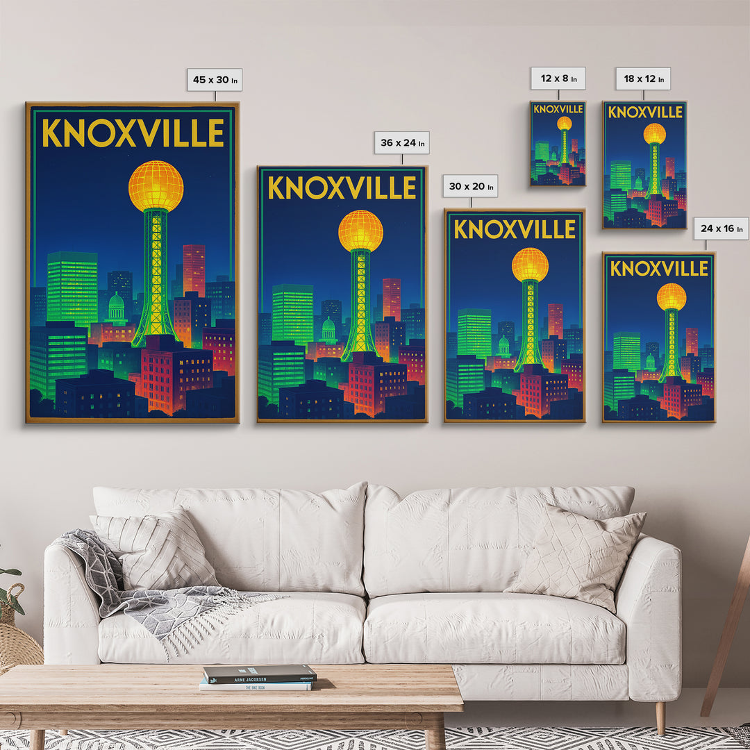 Knoxville Travel Poster, Framed Canvas Print, Retro Neon Travel Art, Knoxville Art Print, Retro Travel Print, Travel Wall Art, Design 2