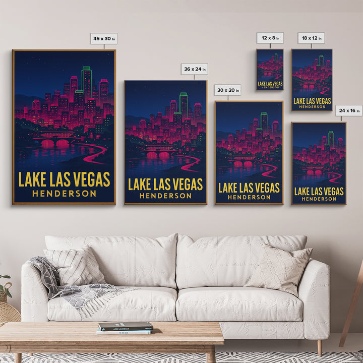 Lake Las Vegas Travel Poster, Framed Canvas Print, Neon Cityscape Wall Art, Lake Las Vegas Poster Print, Fine Art Print, Travel Wall Decor