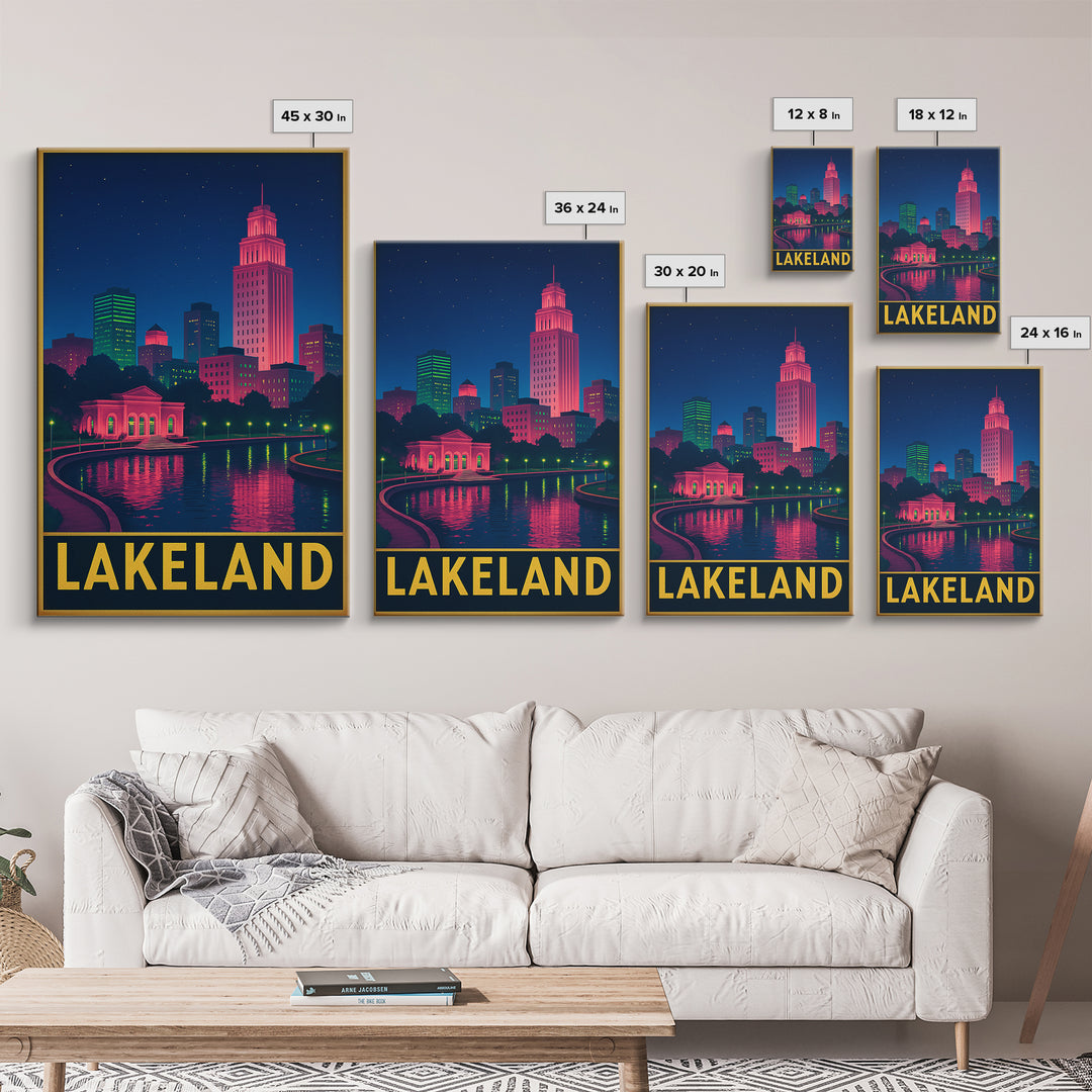 Lakeland Florida Travel Poster, Framed Canvas Print, Cyberpunk Style City Art, Lakeland Wall Art, Home Office Decor, Travel Poster Set