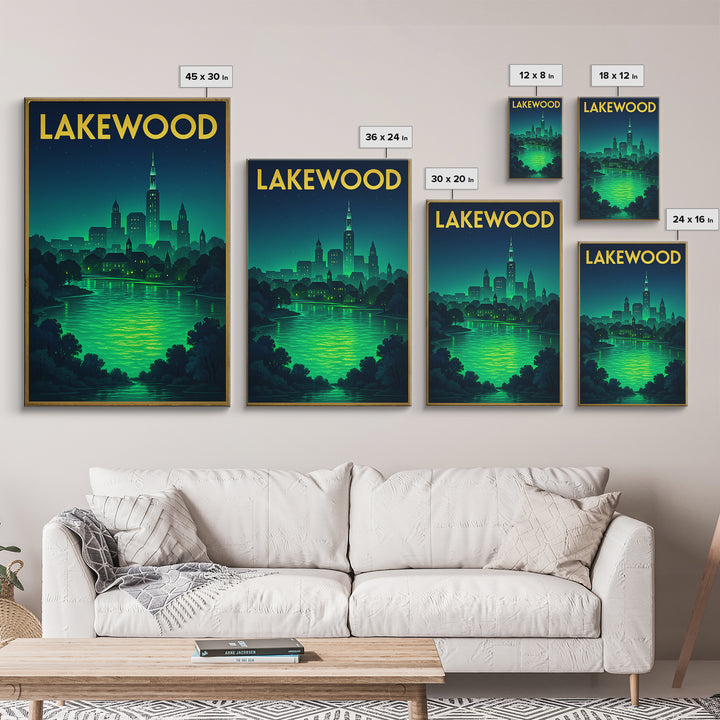Lakewood Travel Poster, Framed Canvas Print, Neon Cityscape Wall Art, Lakewood Travel Art, City Travel Prints, Vintage Travel Print