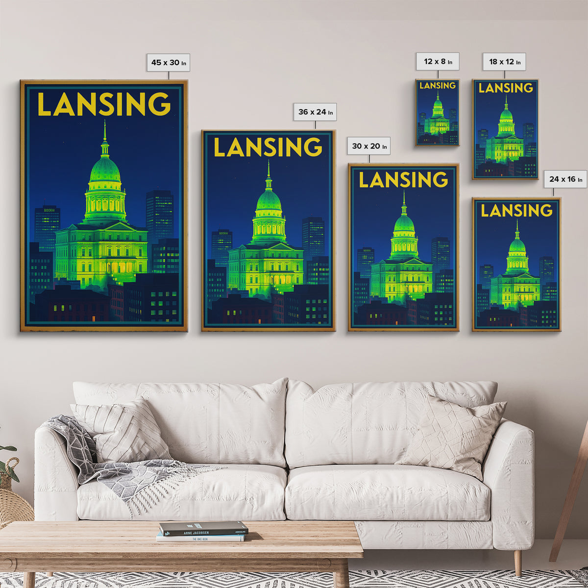 Lansing Travel Poster, Framed Canvas Print, Retro Neon Travel Art, Lansing City Art, City Illustration, Vintage Travel Print, Wall Art