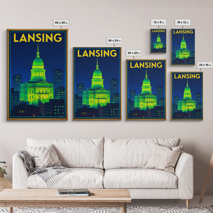 Lansing Travel Poster, Framed Canvas Print, Retro Neon Travel Art, Lansing City Art, City Illustration, Vintage Travel Print, Wall Art