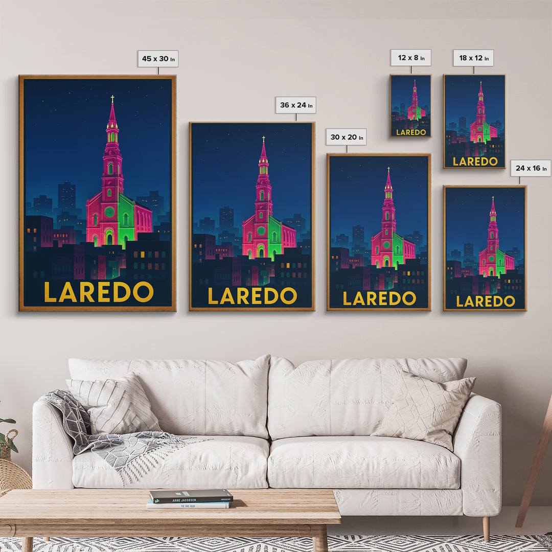 Laredo Texas Travel Poster, Framed Canvas Print, Electric Night Poster Art, Laredo Wall Art, Travel Poster Set, Watercolor Skyline