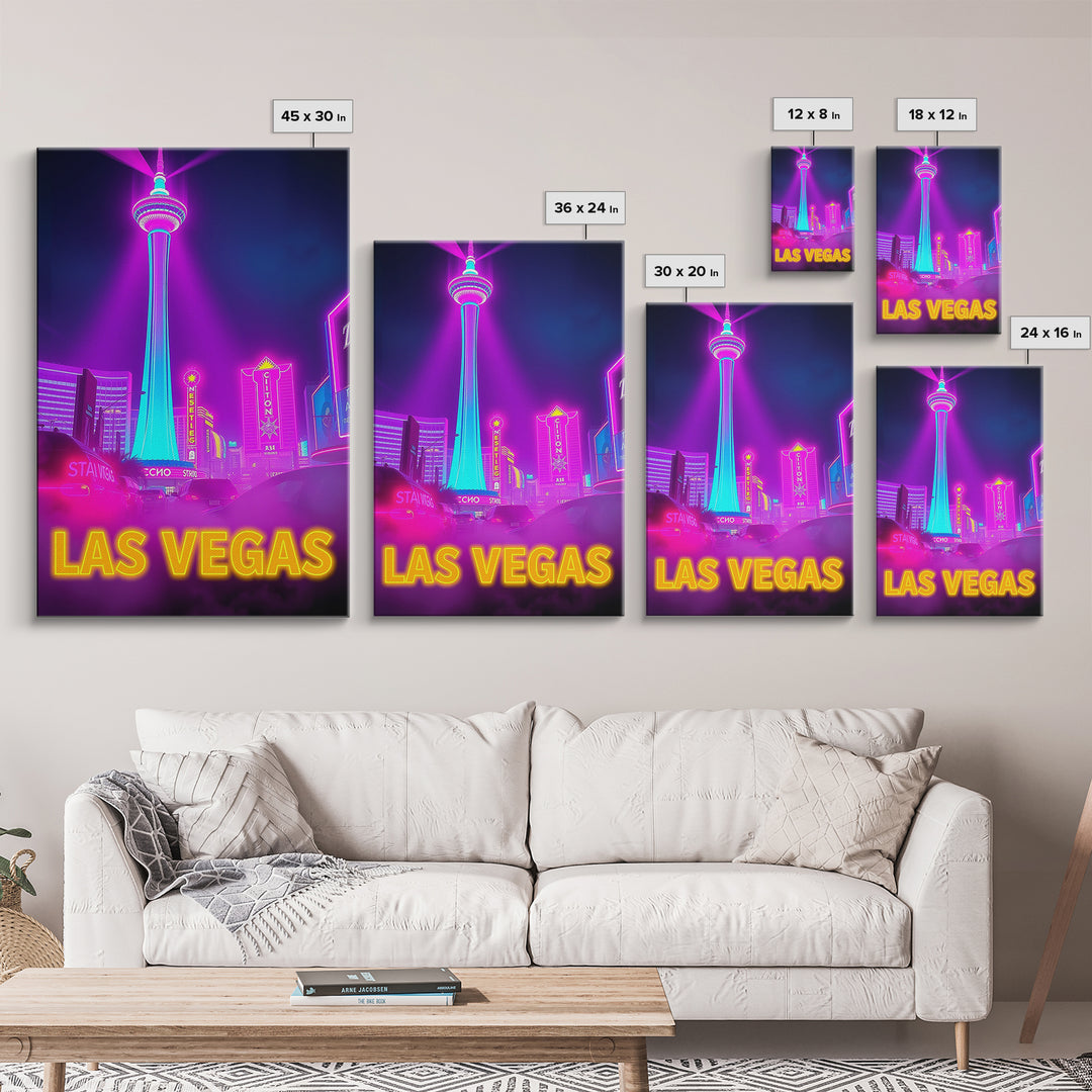 Las Vegas Nevada Travel Poster, Canvas Print, Cyberpunk Style City Art, Las Vegas Poster Print, Mid Century Wall Art, Watercolor Skyline