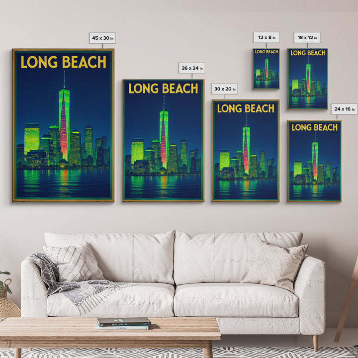 Long Beach Travel Poster, Framed Canvas Print, Retro Neon Travel Art, Long Beach Travel Art, Retro Travel Print, Eclectic Wall Decor