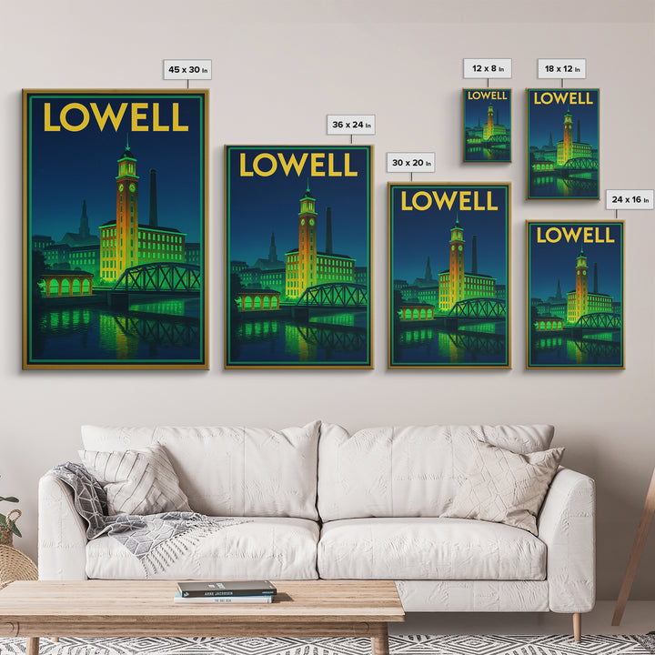 Lowell Travel Poster, Canvas Print, Neon Urban Skyline Wall Art, Lowell Wall Art, Watercolor Urban Skyline, Travel Art Print, Wall Decor