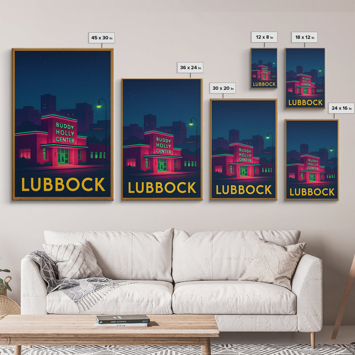 Lubbock Texas Travel Poster, Canvas Print, Neon Skyline Art Wall Art, Lubbock Poster Print, Vintage Travel Print, Mid Century Wall Art
