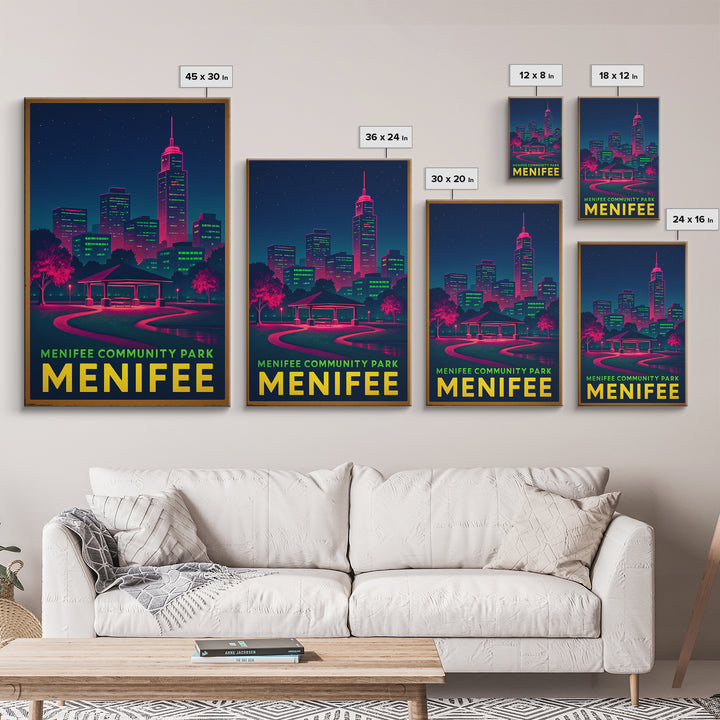 Menifee California Travel Poster, Canvas Print, Electric Night Poster Art, Menifee Travel Art, Watercolor City Skyline, City Art Print