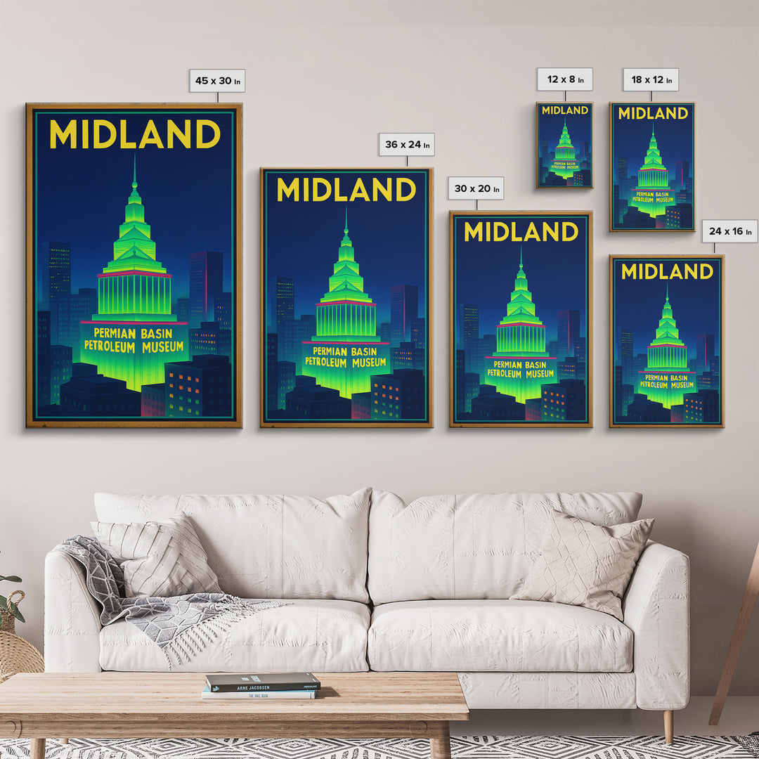 Midland Travel Poster, Framed Canvas Print, Retro Neon Travel Art, Midland Art Print, Eclectic Wall Decor, City Art Print, Fine Art Print
