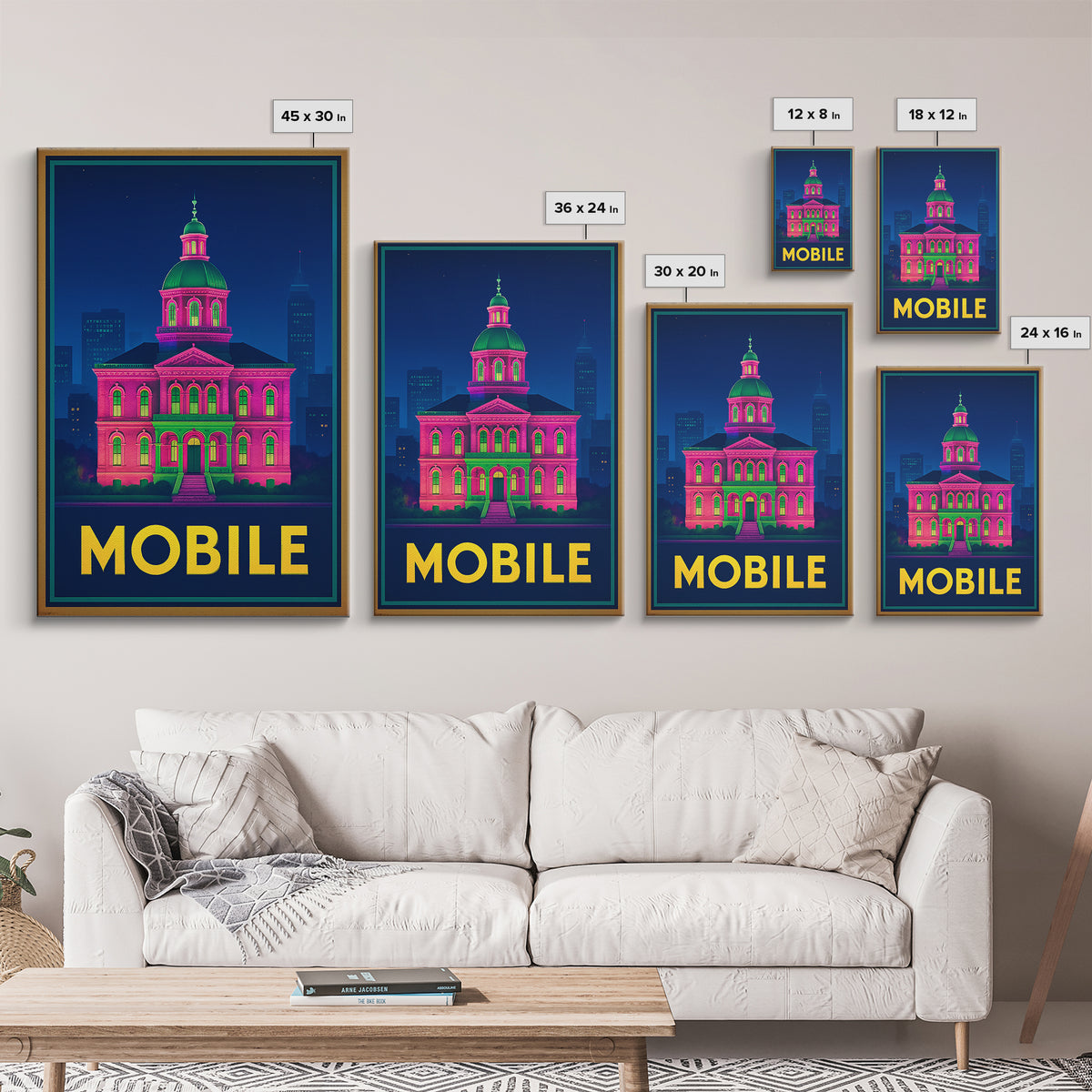 Mobile Alabama Travel Poster, Canvas Print, Retro Neon Travel Art, Mobile Wall Art, Watercolor Skyline, City Illustration, Travel Wall Decor
