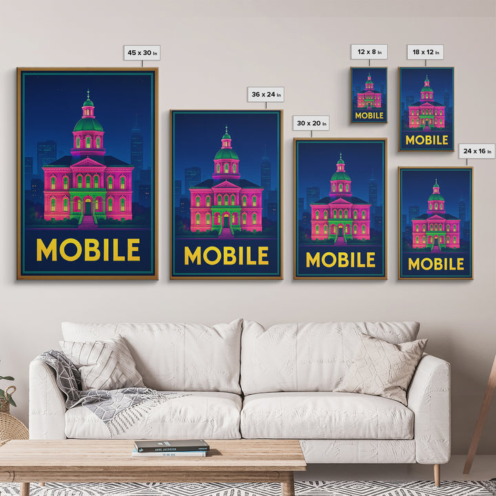 Mobile Alabama Travel Poster, Canvas Print, Retro Neon Travel Art, Mobile Wall Art, Watercolor Skyline, City Illustration, Travel Wall Decor