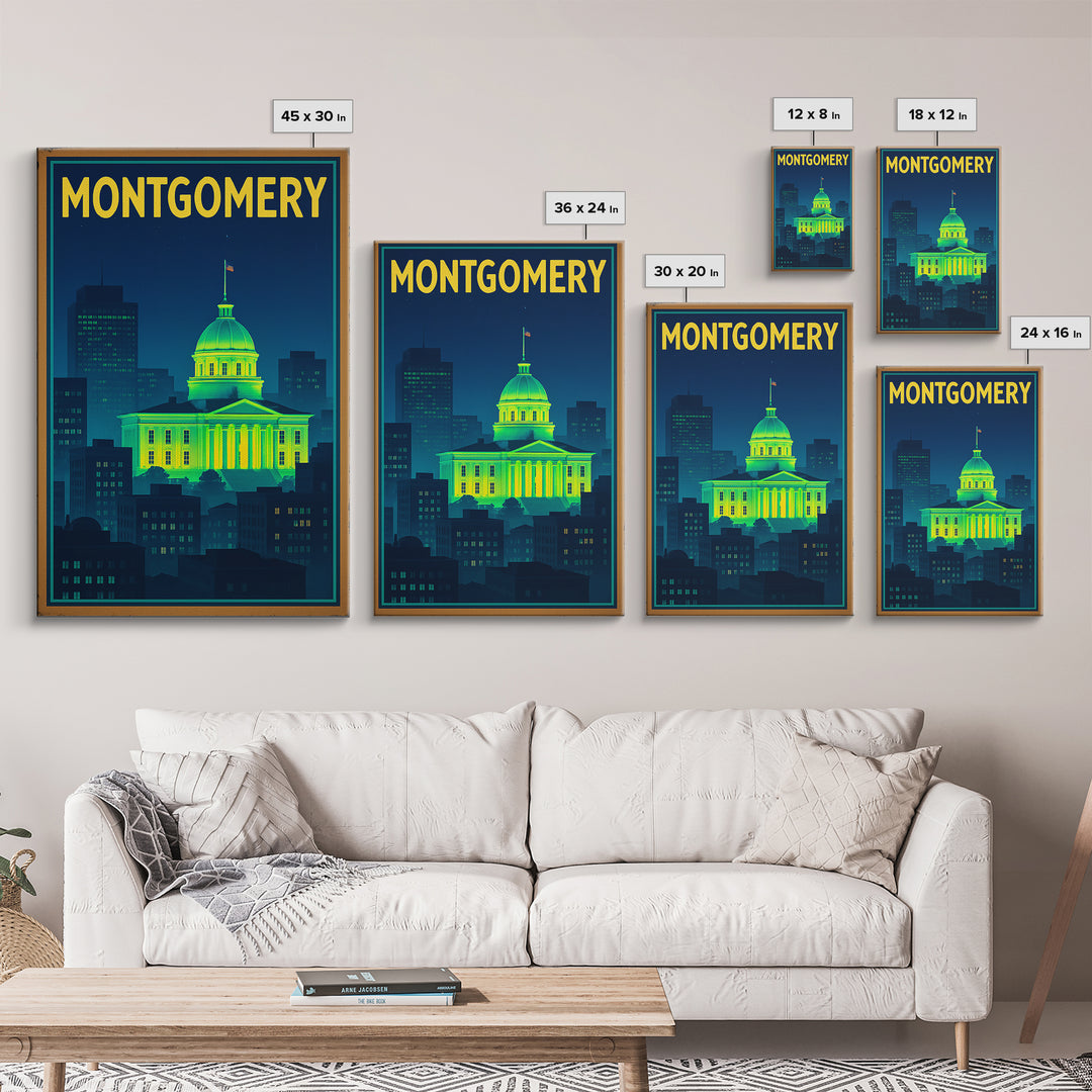 Montgomery Travel Poster, Canvas Print, Neon Downtown Skyline Wall Art, Montgomery City Art, City Illustration, City Travel Prints, Wall Art