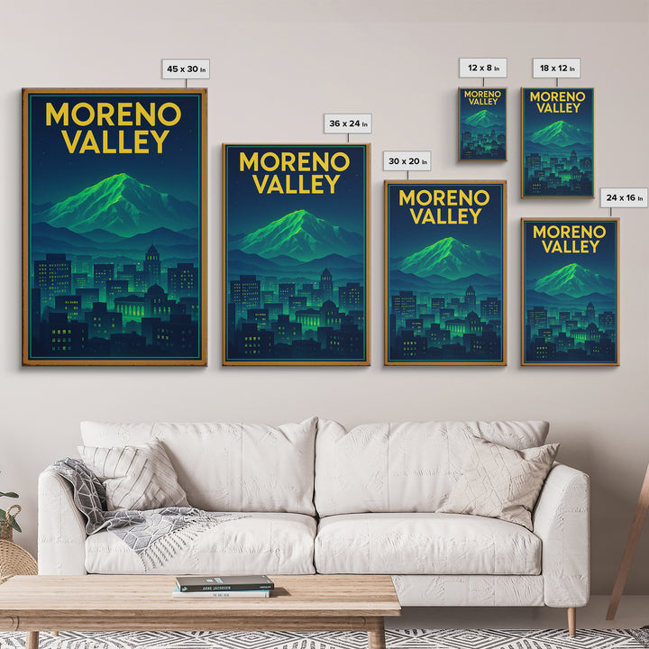 Moreno Valley Travel Poster, Canvas Print, Neon Downtown Skyline Wall Art, Moreno Valley City Art, Vintage Travel Print, Fine Art Print