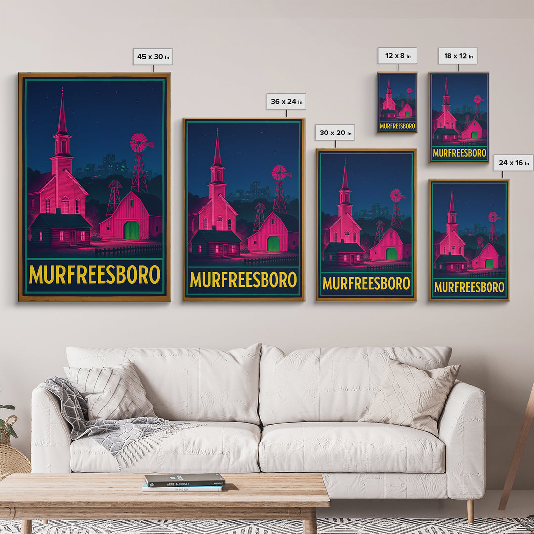 Murfreesboro Tennessee Travel Poster, Canvas Print, Retro Neon Travel Art, Murfreesboro Wall Art, Gift For Travelers, Art Print