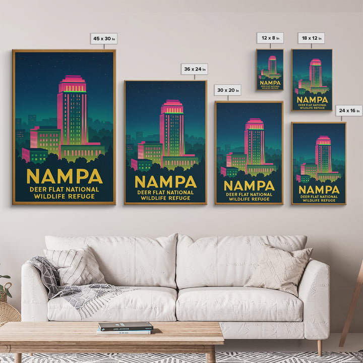 Nampa Idaho Travel Poster, Canvas Print, Retro Neon Travel Art, Nampa Poster Print, Eclectic Wall Decor, Travel Poster Set, City Poster