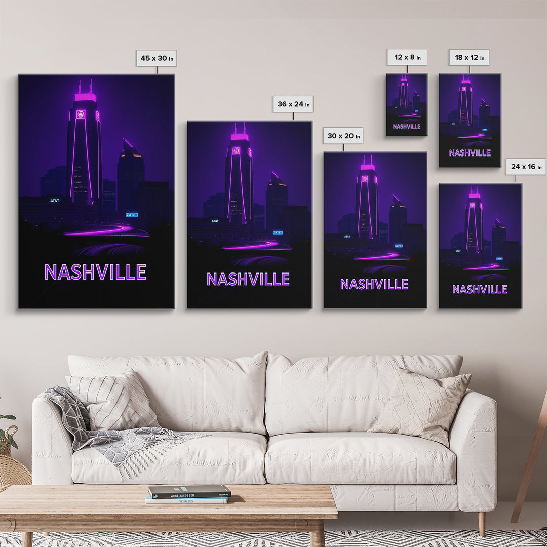 Nashville Tennessee Travel Poster, Canvas Print, Neon Skyline Wall Art, Nashville City Art, Wall Decor, Travel Wall Decor, Travel Wall Art
