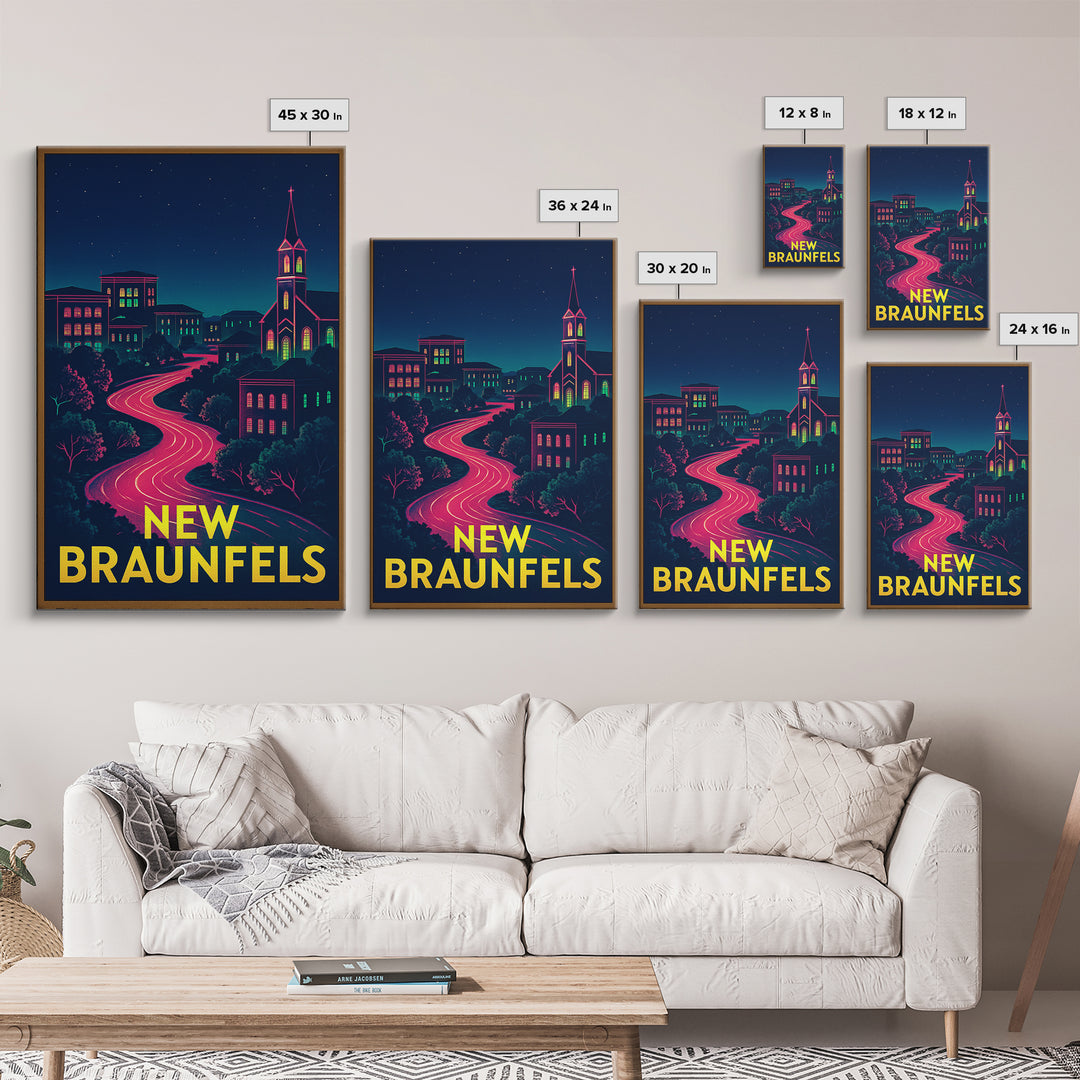 New Braunfels Texas Travel Poster, Canvas Print, Electric Night Poster Art, New Braunfels Travel Art, Travel Wall Decor, City Art Print
