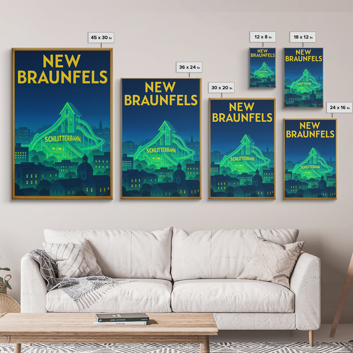 New Braunfels Travel Poster, Canvas Print, Electric Night Poster Art, New Braunfels City Art, Travel Art Print, Watercolor Urban Skyline