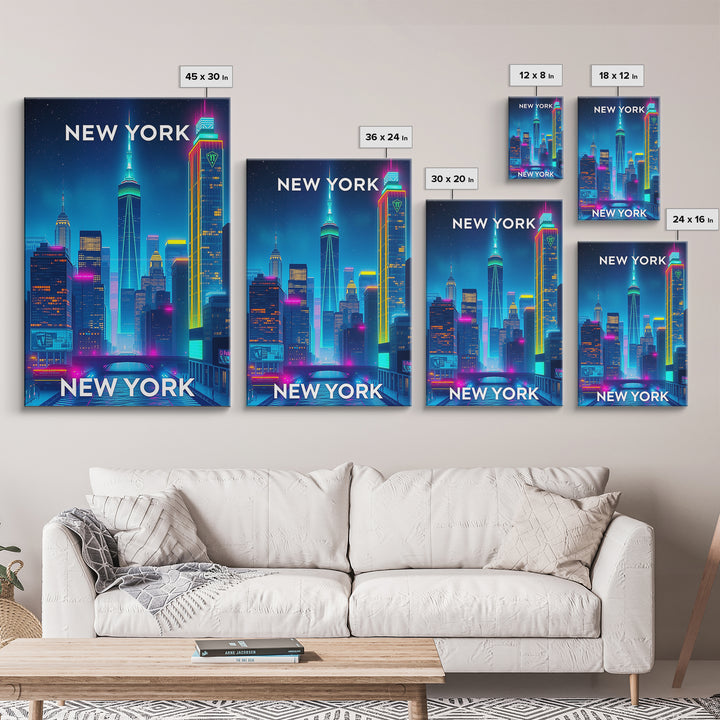 New York City New York Travel Poster, Canvas Print, Neon Skyline Wall Art, New York City Art, City Illustration, Travel Prints, Office Decor