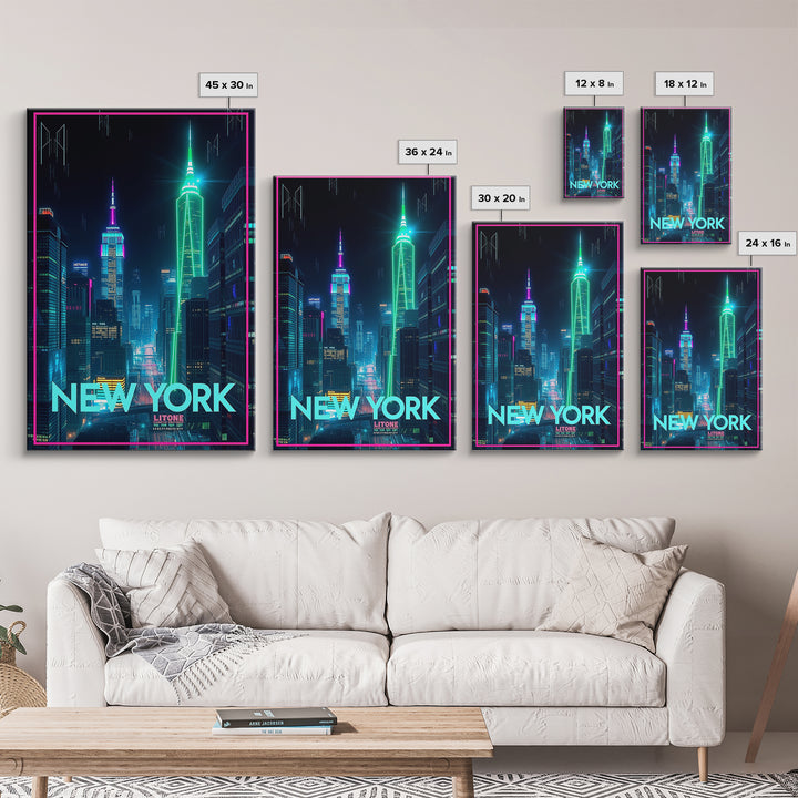 New York Travel Poster, Framed Canvas Print, Electric Night Poster Art, New York Wall Art, Travel Poster Art, Fine Art Print, Design 14