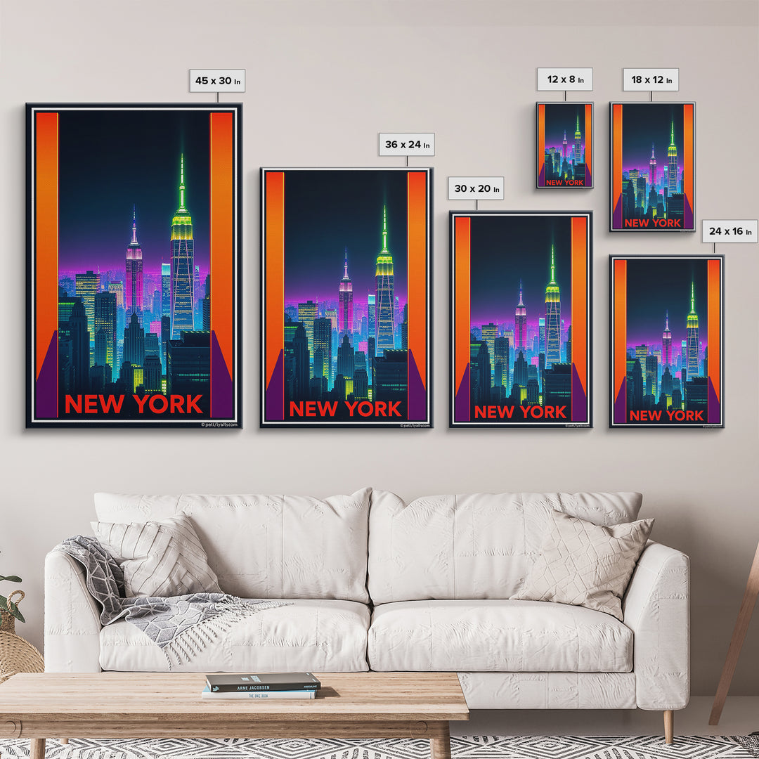New York Travel Poster, Framed Canvas Print, Neon Skyline Art Wall Art, New York Travel Art, Vintage City Poster, Vintage City Art