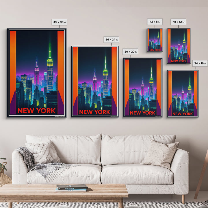 New York Travel Poster, Framed Canvas Print, Neon Skyline Art Wall Art, New York Travel Art, Vintage City Poster, Vintage City Art