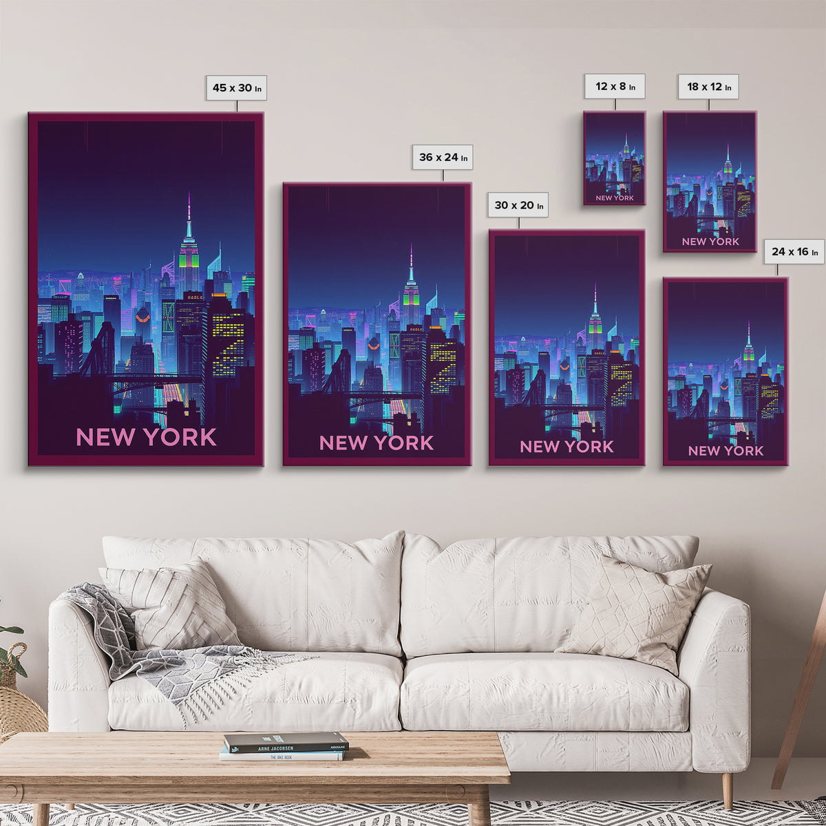 New York Travel Poster, Framed Canvas Print, Retro Neon Travel Art, New York City Art, City Illustration, Travel Poster Art, City Poster
