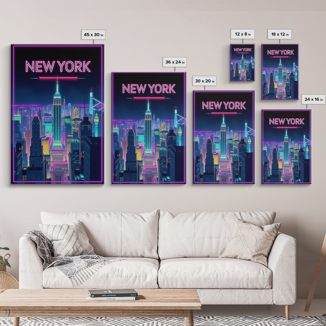 New York Travel Poster, Canvas Print, Retro Neon Travel Art, New York Travel Art, Eclectic Wall Decor, Mid Century Wall Art, Travel Gift
