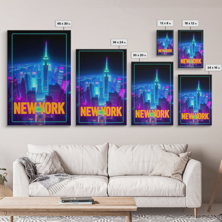 New York Travel Poster, Canvas Print, Neon Cityscape Wall Art, New York Wall Art, City Illustration, Mid Century Wall Art, City Art Print