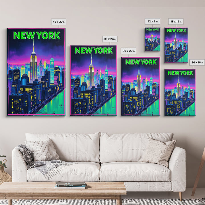 New York Travel Poster, Framed Canvas Print, Retro Neon Travel Art, New York Art Print, City Travel Prints, Fine Art Print, Art Print