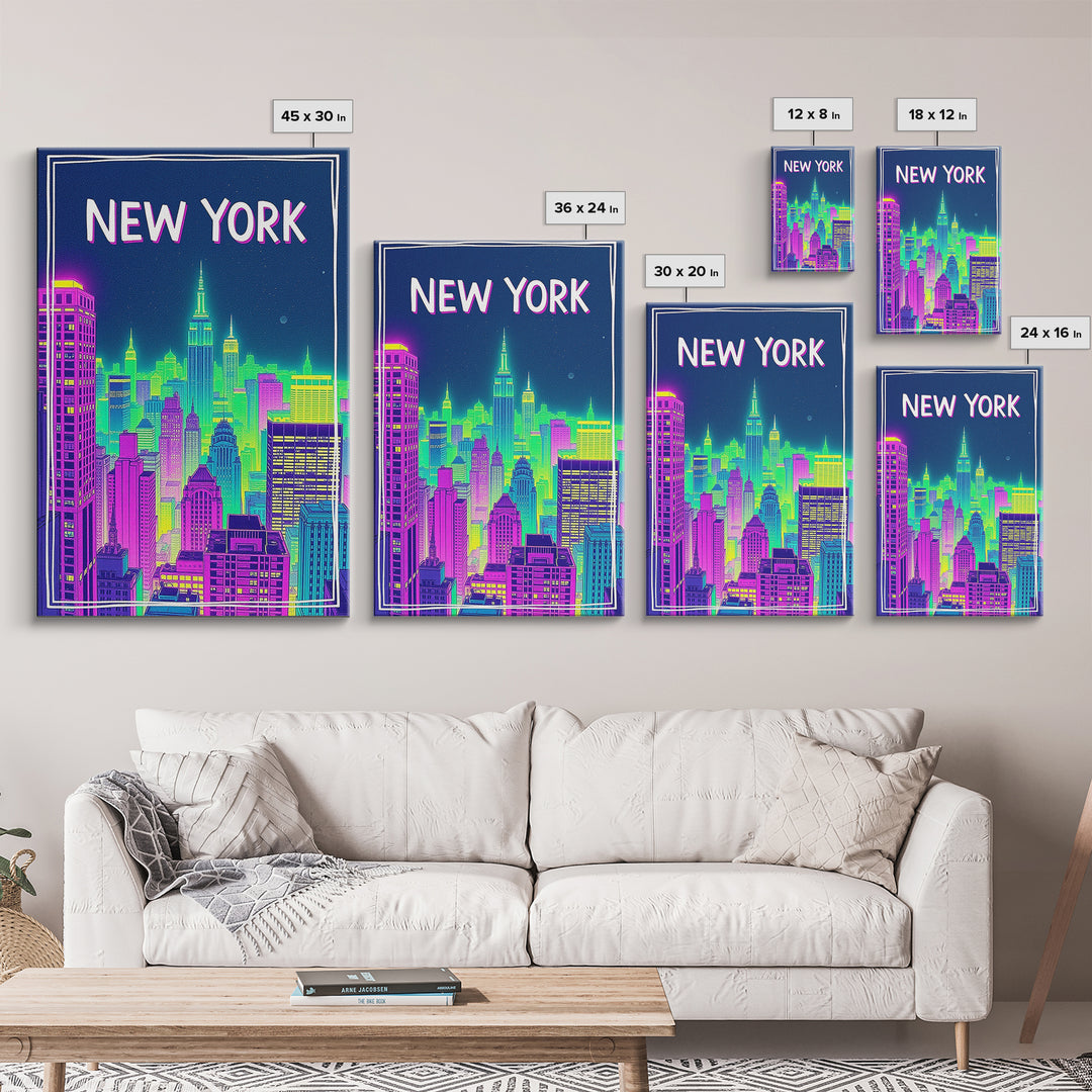 New York Travel Poster, Canvas Print, Neon Downtown Skyline Wall Art, New York City Art, Wanderlust Decor, Travel Wall Decor, Wall Decor