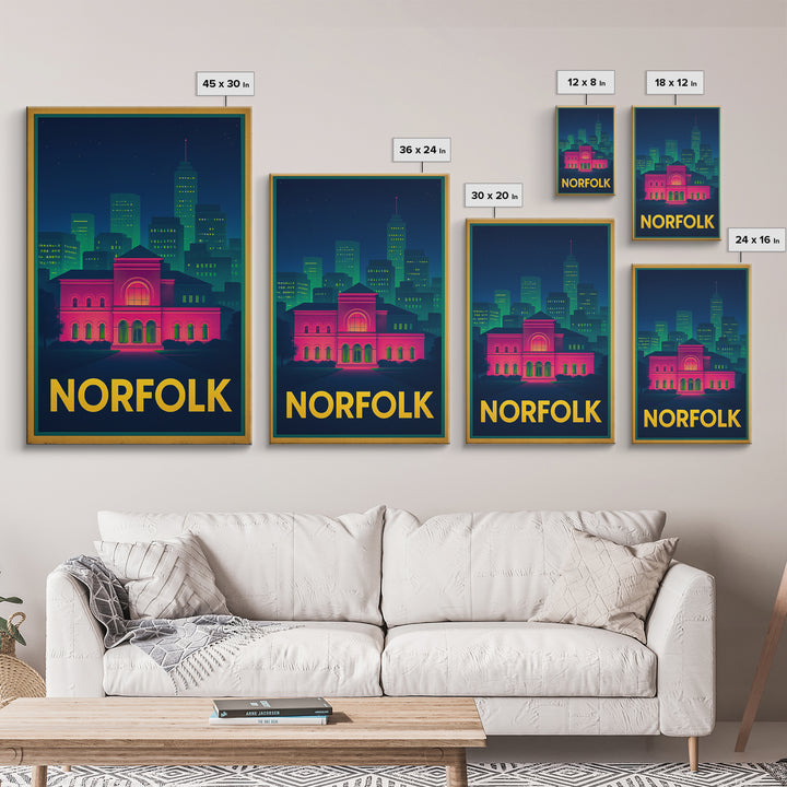 Norfolk Virginia Travel Poster, Canvas Print, Retro Neon Travel Art, Norfolk Art Print, Office Decor, Gift For Travelers, Travel Poster Art