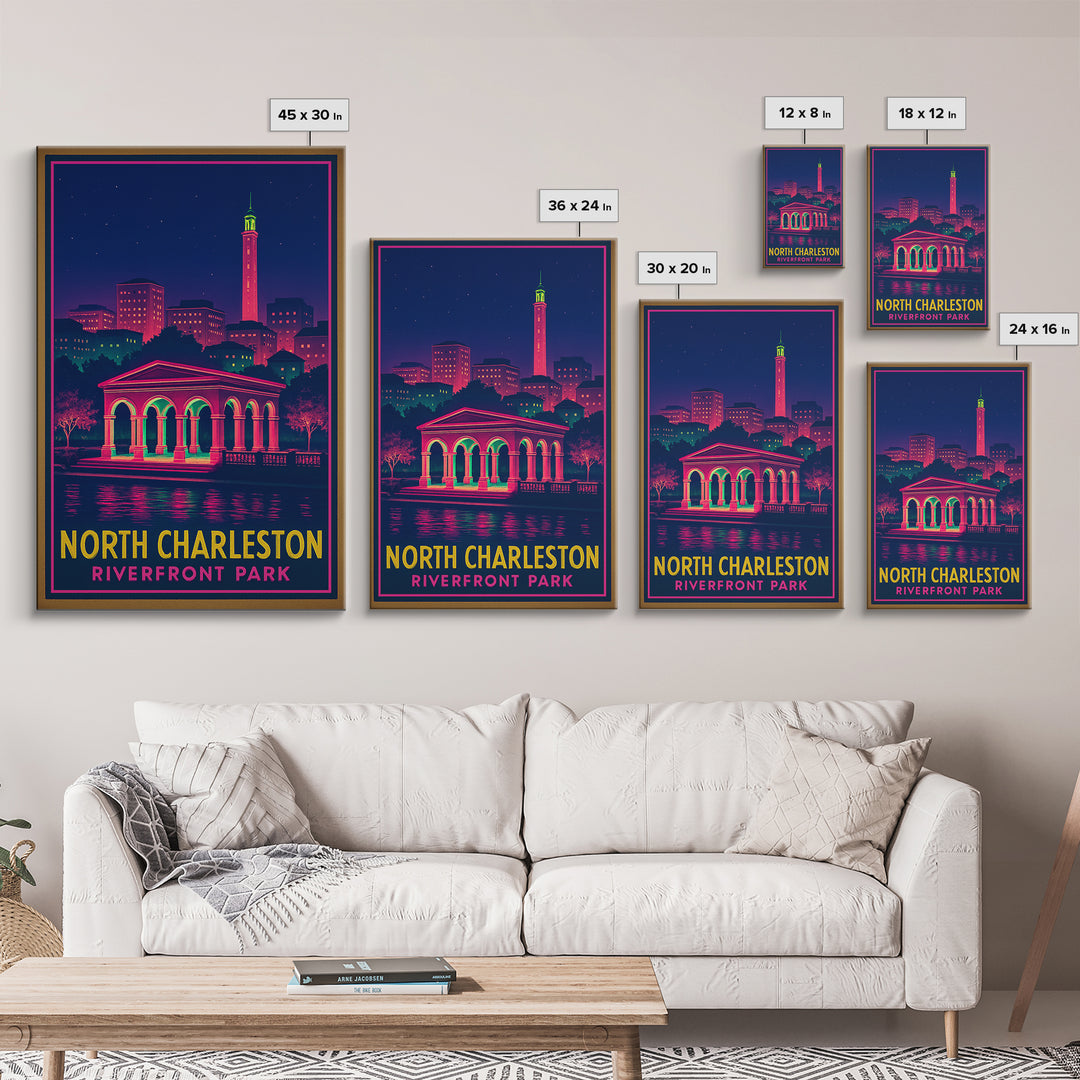 North Charleston South Carolina Travel Poster, Canvas Print, Neon Cityscape Wall Art, North Charleston Poster Print, City Illustration