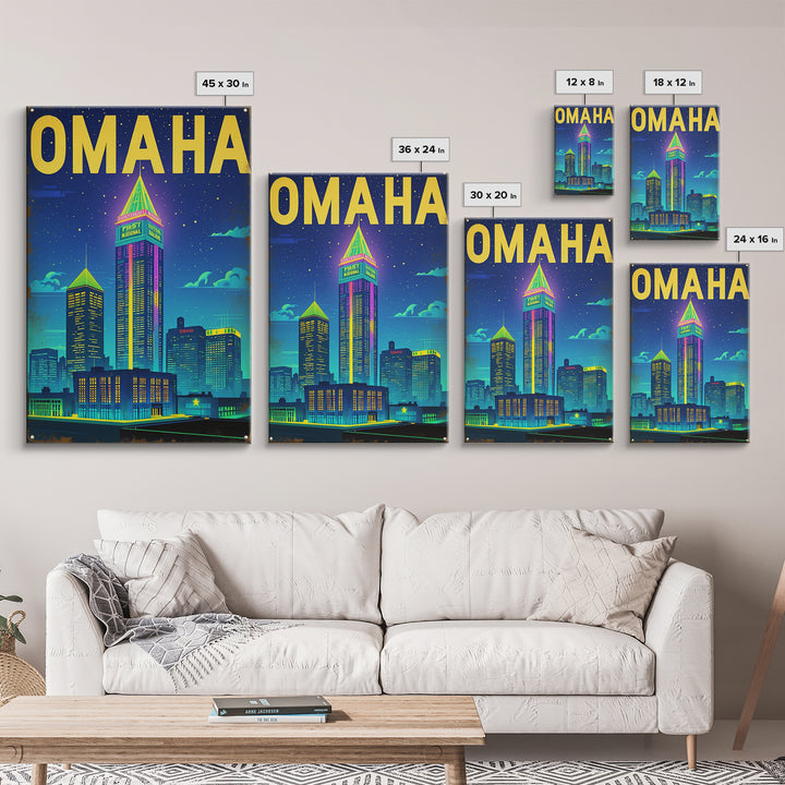 Omaha Travel Poster, Framed Canvas Print, Retro Neon Travel Art, Omaha Travel Art, Eclectic Wall Decor, City Art Print, Fine Art Print