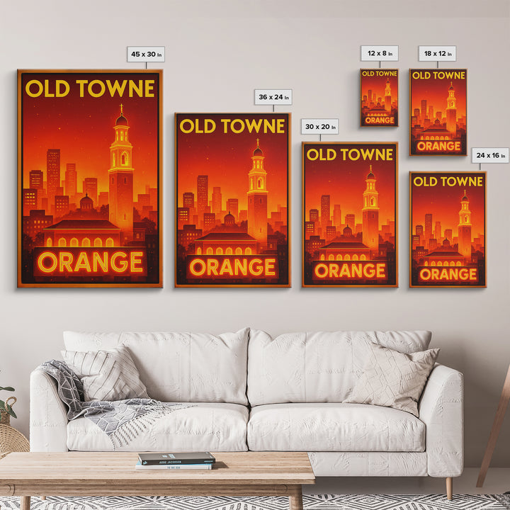 Orange Travel Poster, Framed Canvas Print, Retro Neon Travel Art, Orange Travel Art, Watercolor Downtown Skyline, Travel Poster Set