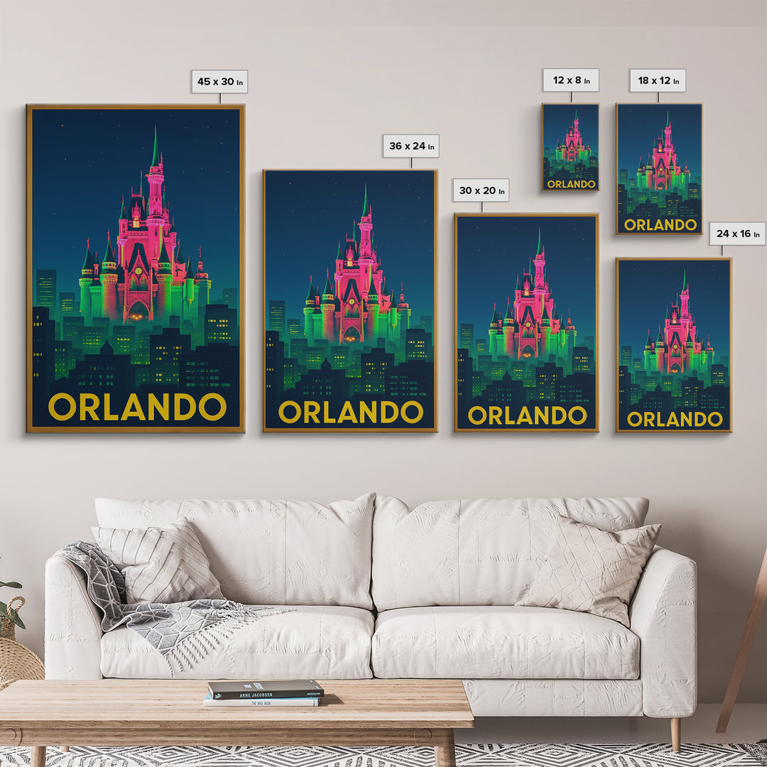 Orlando Florida Travel Poster, Canvas Print, Neon Urban Skyline Wall Art, Orlando Wall Art, Home Office Decor, Retro Travel Print, Art Print