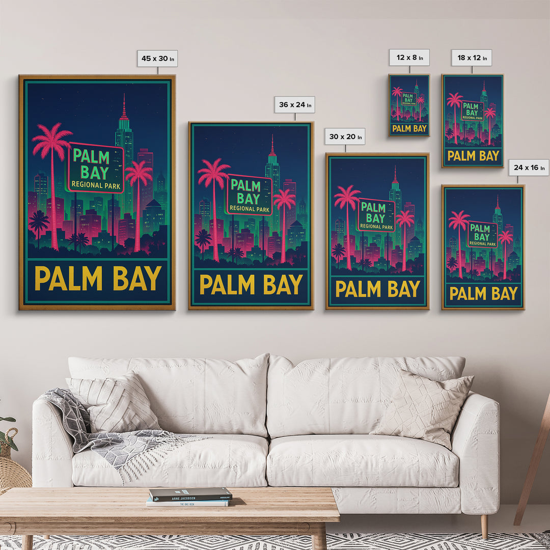 Palm Bay Florida Travel Poster, Framed Canvas Print, Neon Skyline Wall Art, Palm Bay Travel Art, Vintage Travel Art, City Travel Prints