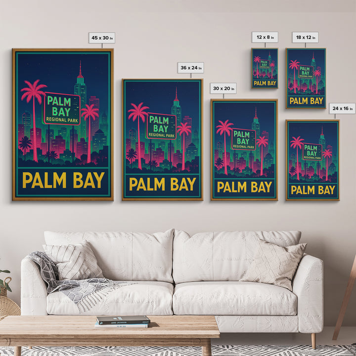 Palm Bay Florida Travel Poster, Framed Canvas Print, Neon Skyline Wall Art, Palm Bay Travel Art, Vintage Travel Art, City Travel Prints